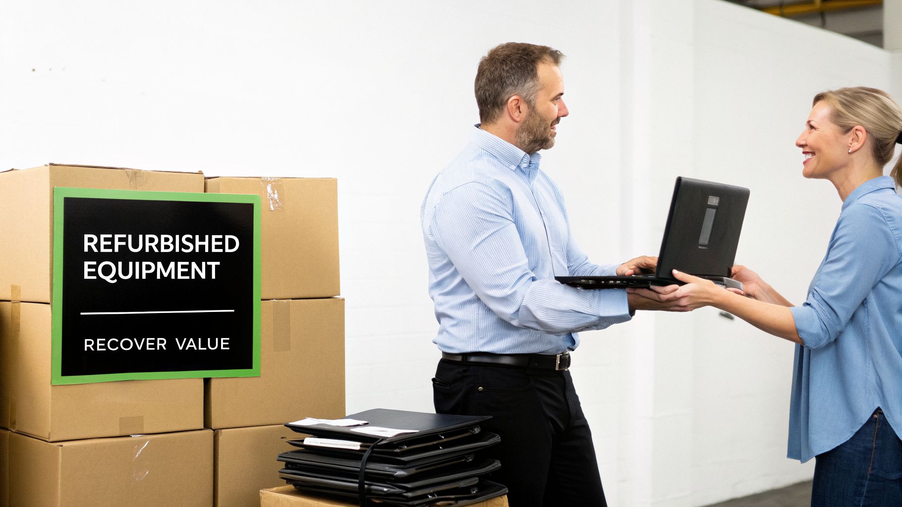 Two smiling colleagues in a warehouse discuss refurbished equipment next to stacked boxes.
