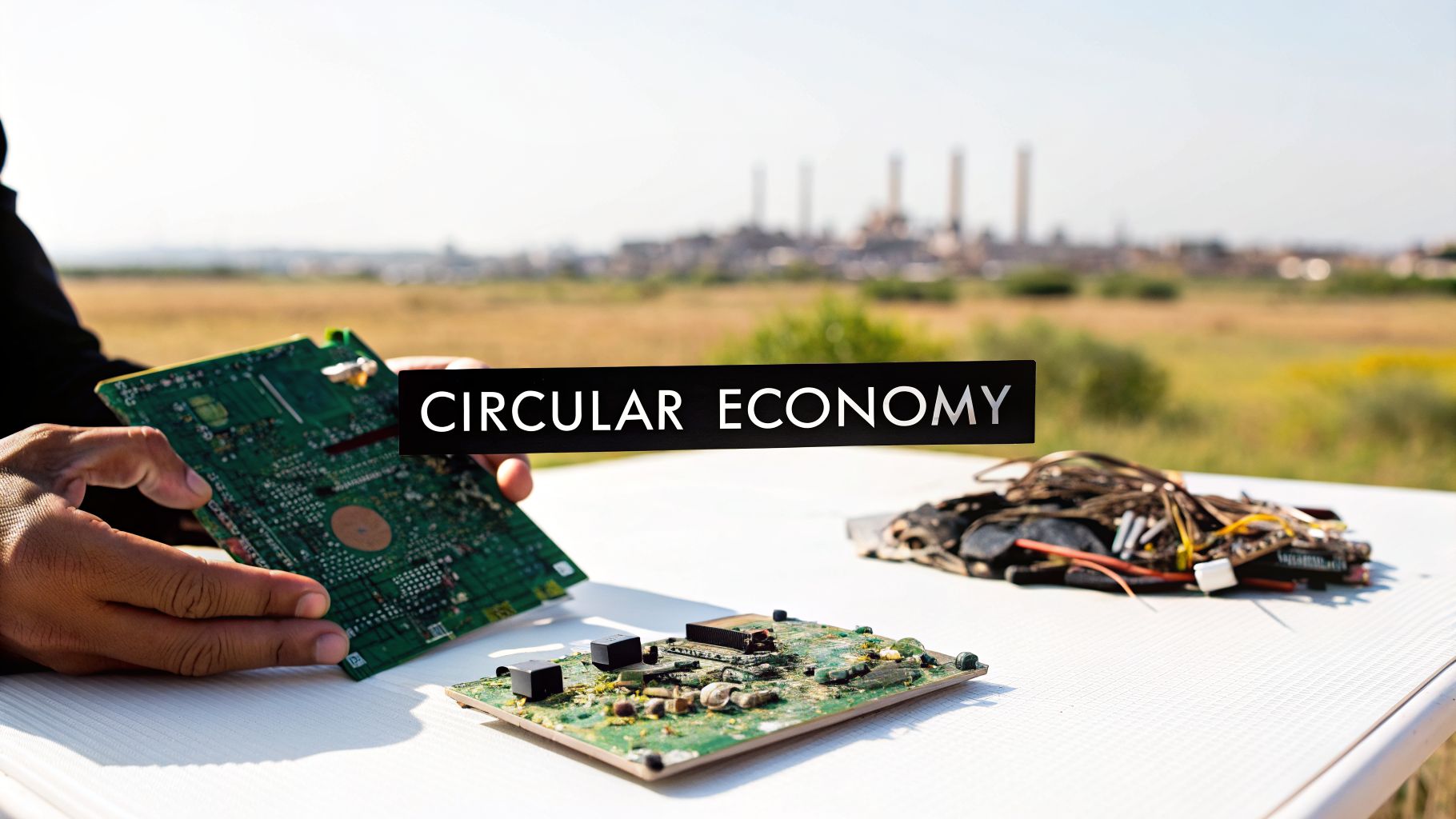 Hands holding a circuit board with electronic waste on a table, illustrating circular economy.
