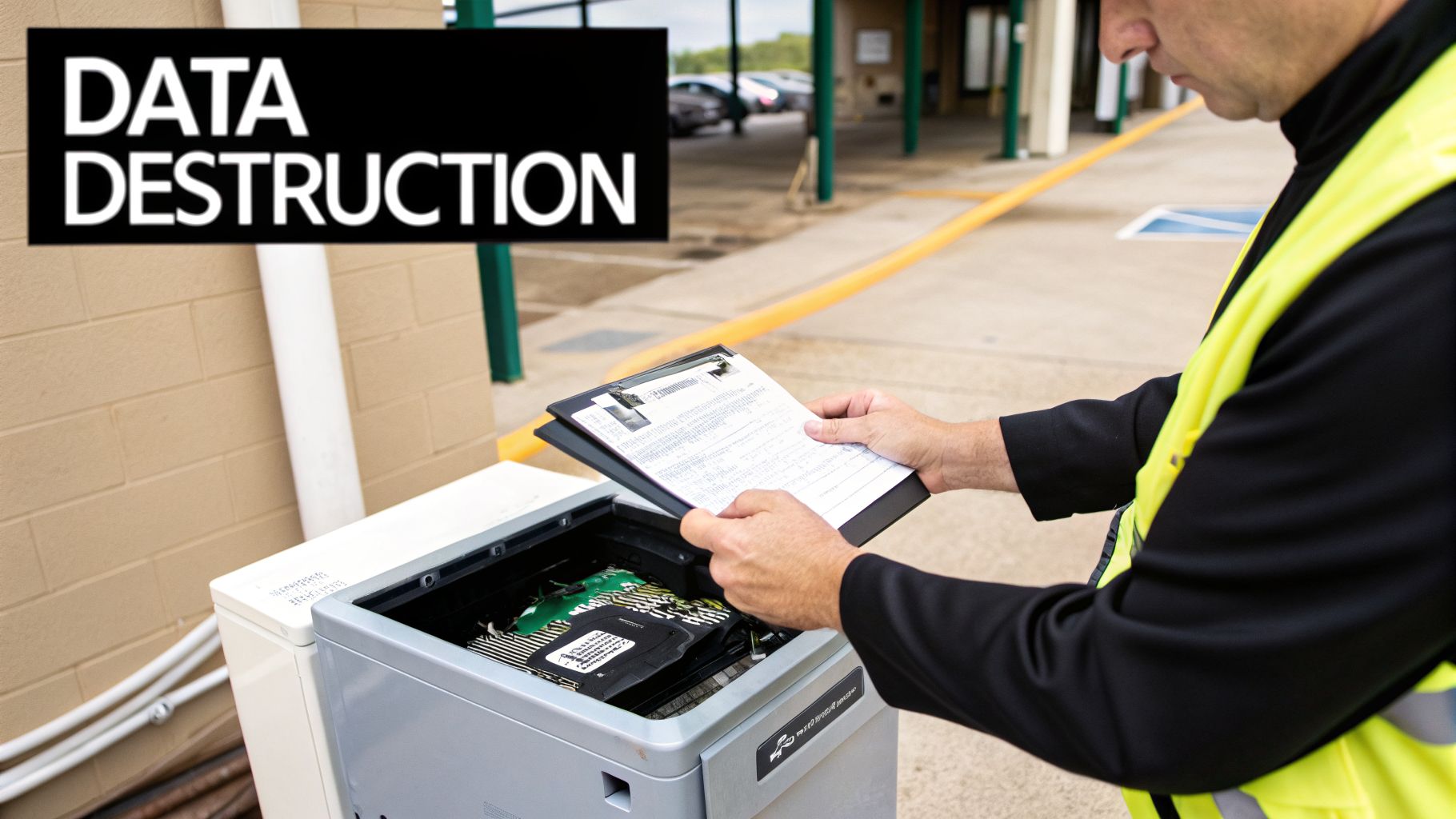 A person in a safety vest oversees data destruction, holding a clipboard over electronic hardware.