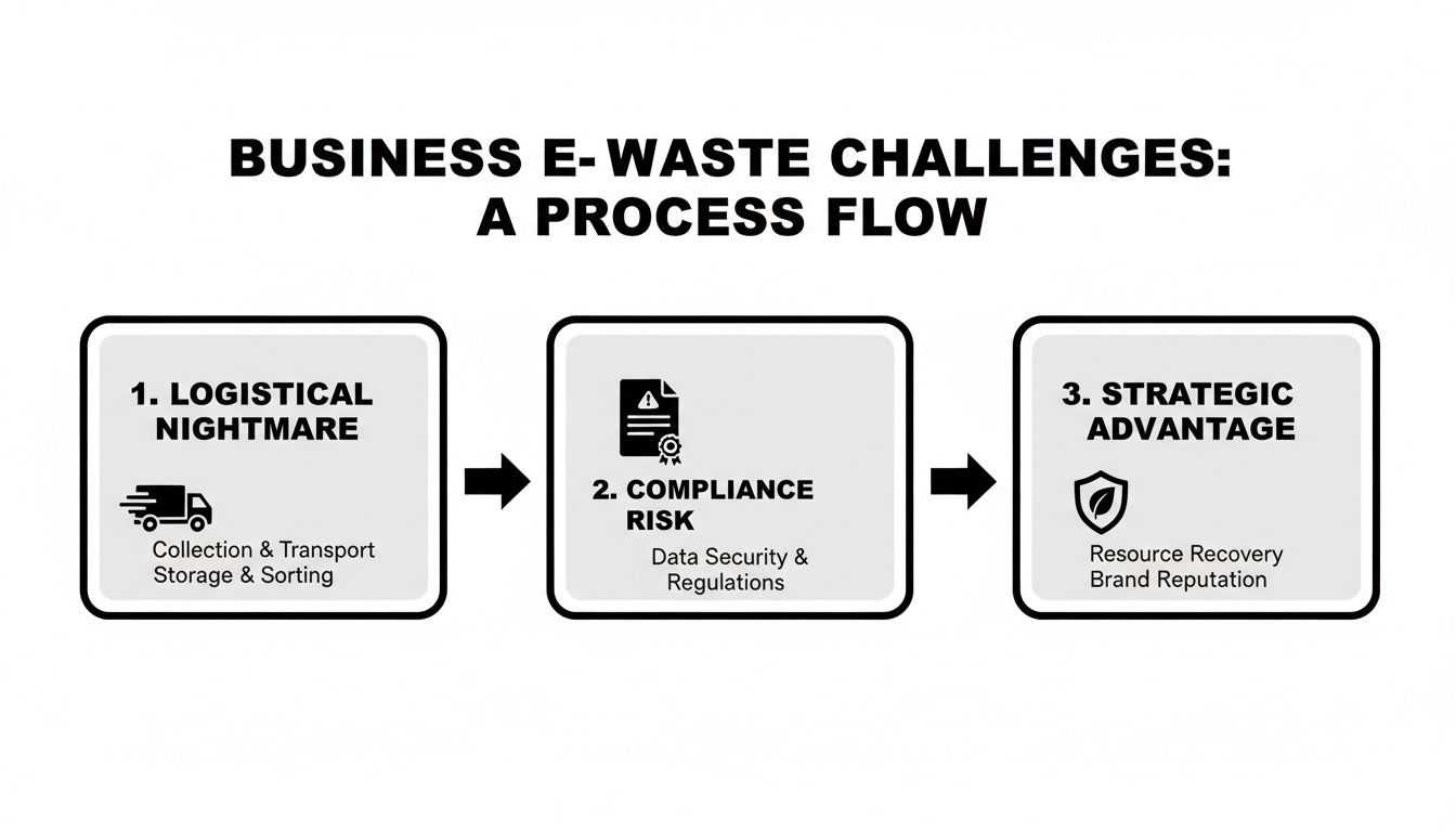 Flowchart illustrating business e-waste challenges: logistical nightmare, compliance risk, and strategic advantage stages.