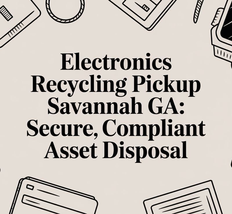 Electronics recycling pickup service in Savannah, GA, featuring secure and compliant asset disposal, with surrounding graphics of electronic devices and tools.