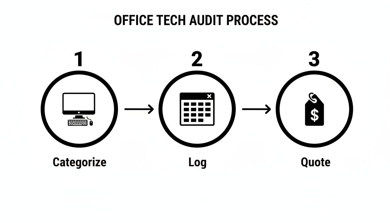 A flowchart illustrates the office tech audit process with steps: Categorize, Log, and Quote.