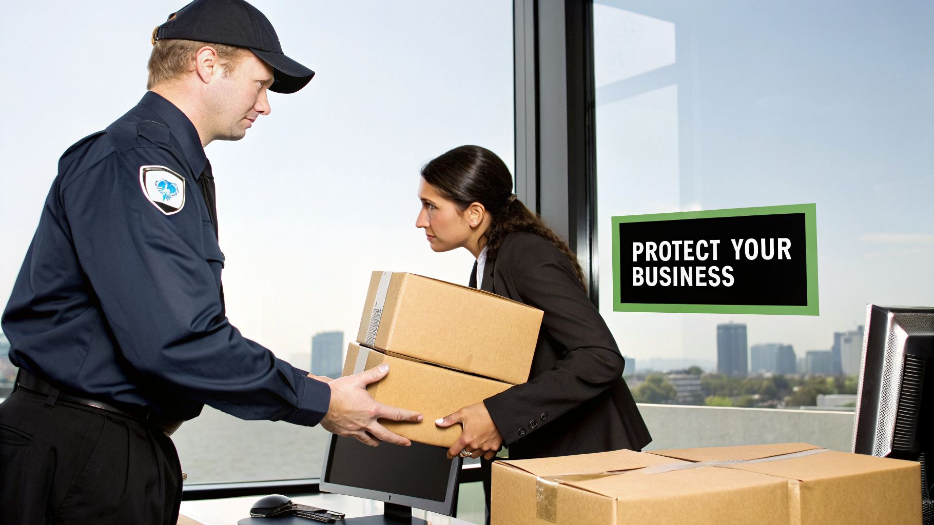 A security guard passes cardboard boxes to a businesswoman in an office, with a 'Protect Your Business' sign.