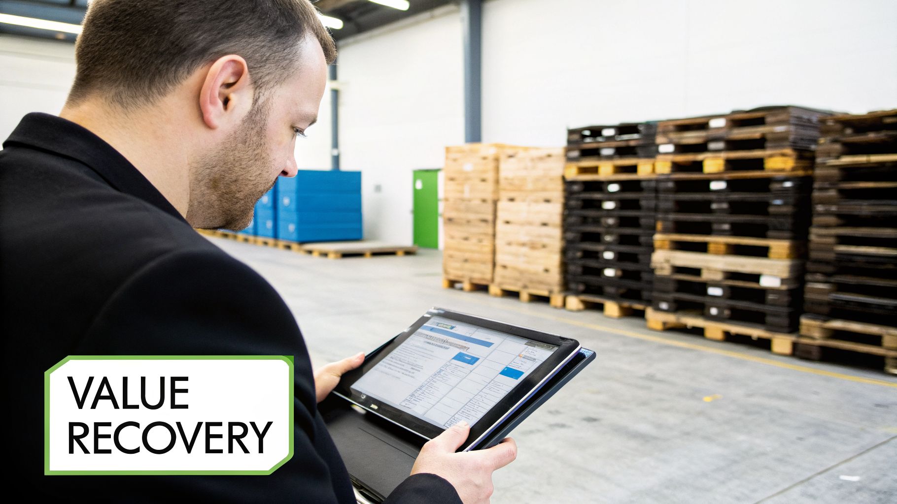 A man uses a tablet in a warehouse, with stacks of pallets and boxes in the background.