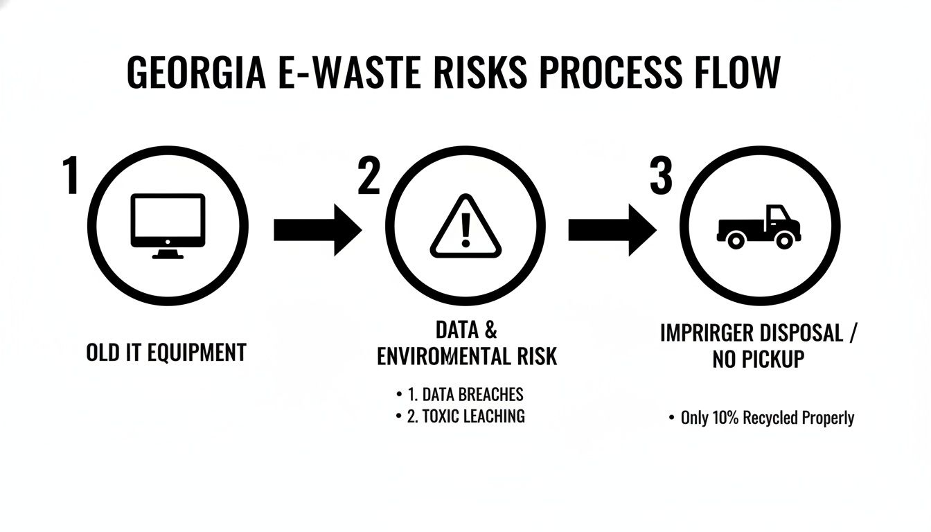 Diagram illustrating Georgia e-waste risks process flow from old IT equipment to improper disposal.