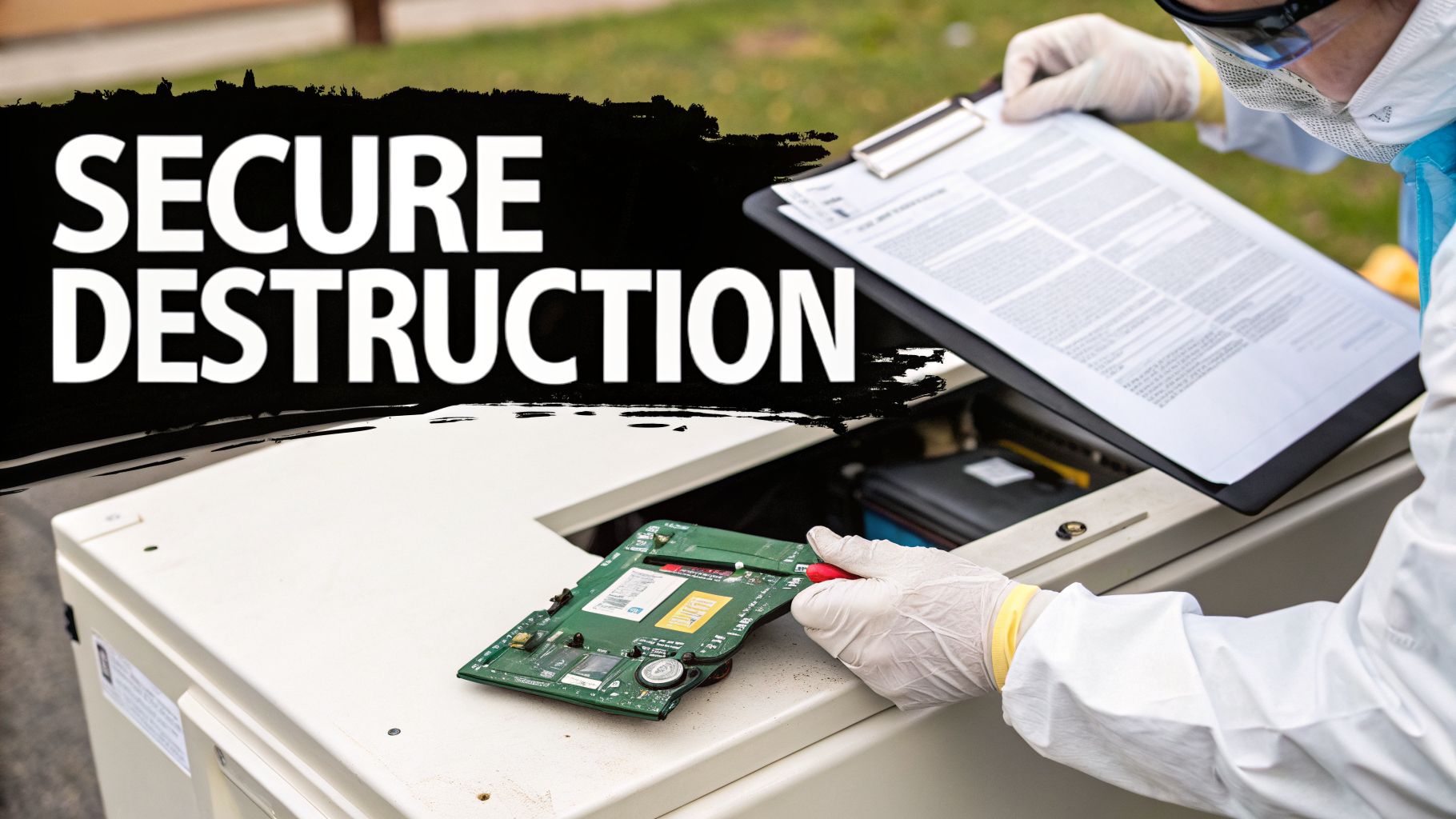 A technician in PPE oversees the secure destruction of a circuit board while reviewing documentation.