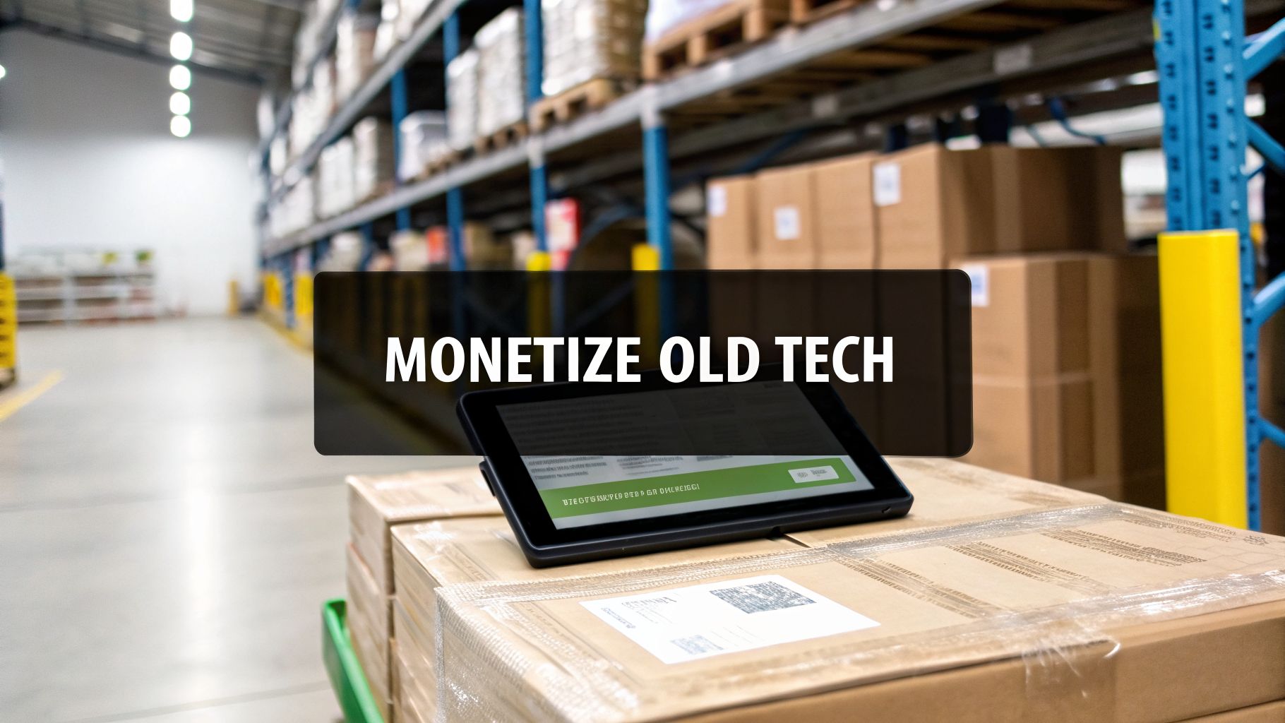 Digital tablet on cardboard boxes in a busy warehouse, displaying 'MONETIZE OLD TECH' on screen.