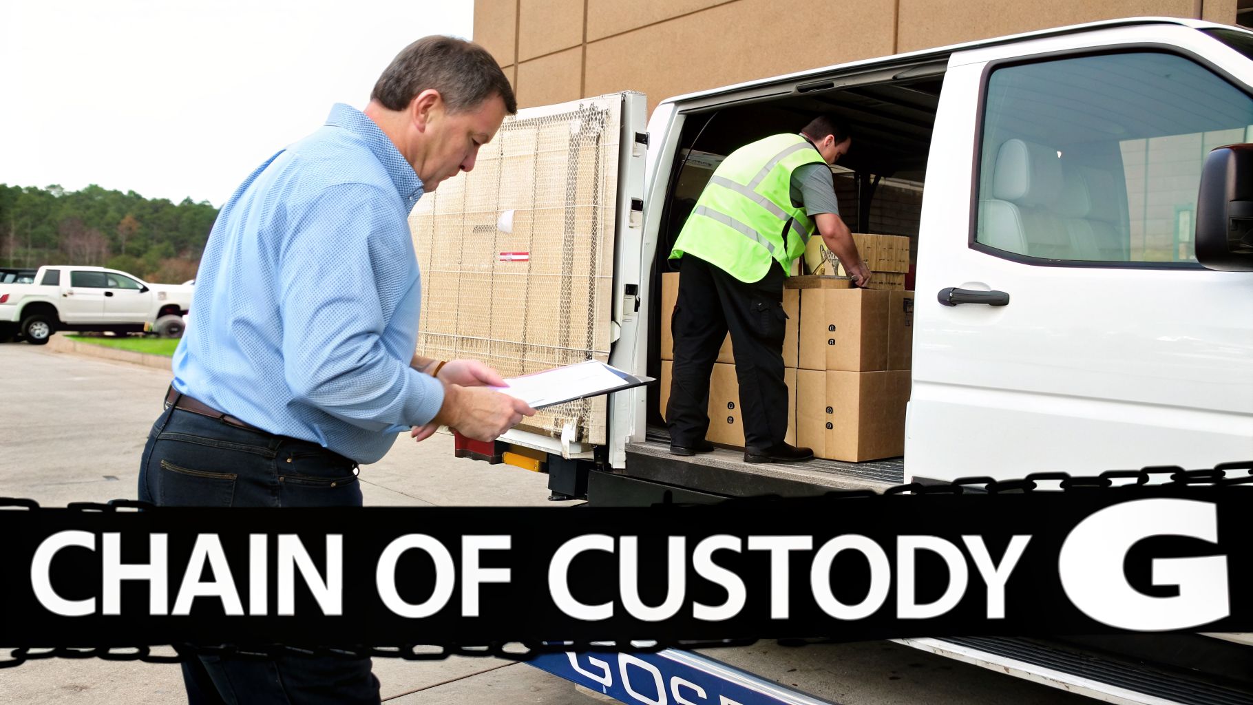 Two men manage a delivery: one signs a clipboard while another loads boxes into a white van.
