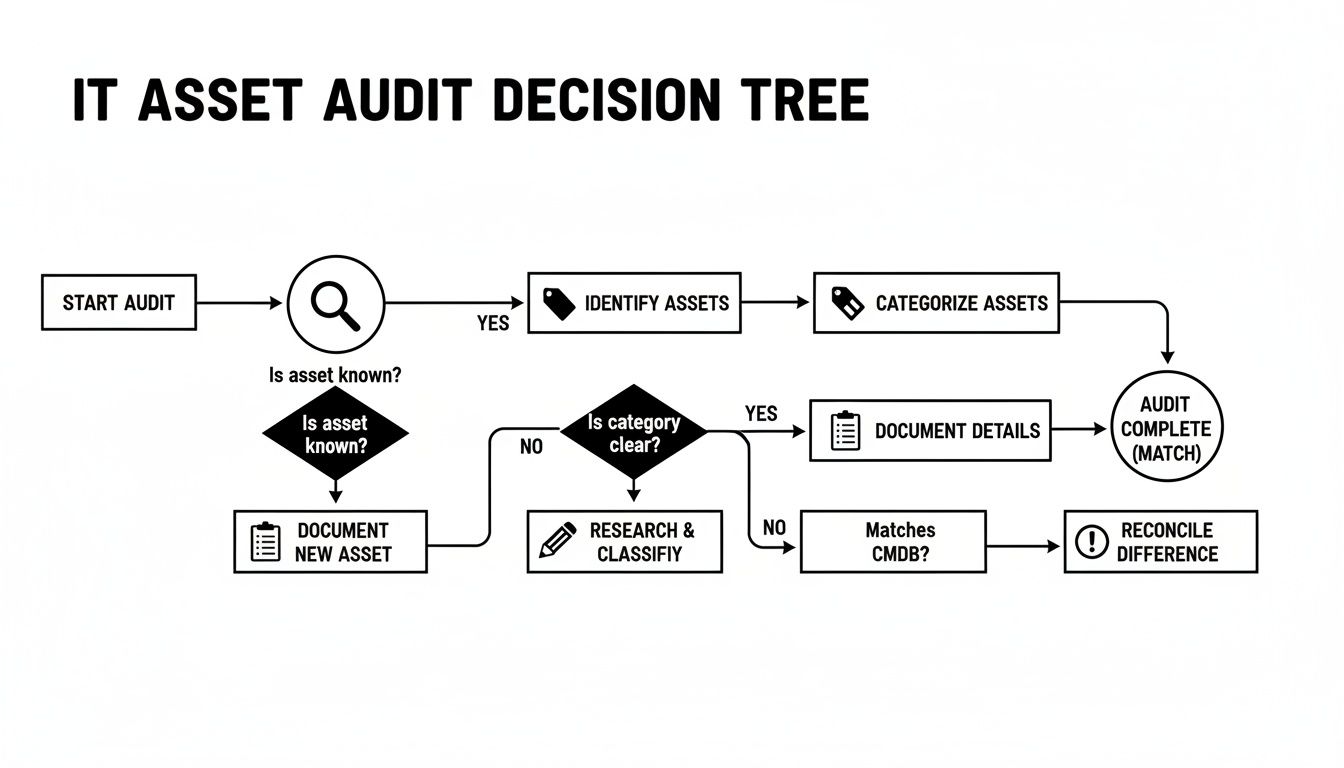 A detailed IT asset audit decision tree flowchart outlining steps for asset identification, categorization, and reconciliation.