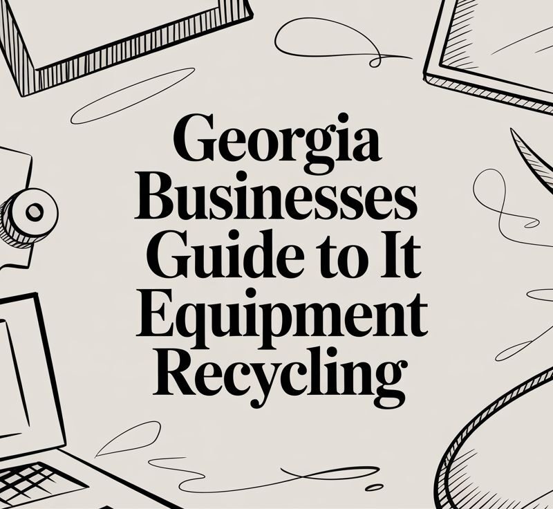 Georgia Businesses Guide to IT Equipment Recycling with illustrations of computers and recycling symbols, emphasizing e-waste management and secure data destruction.