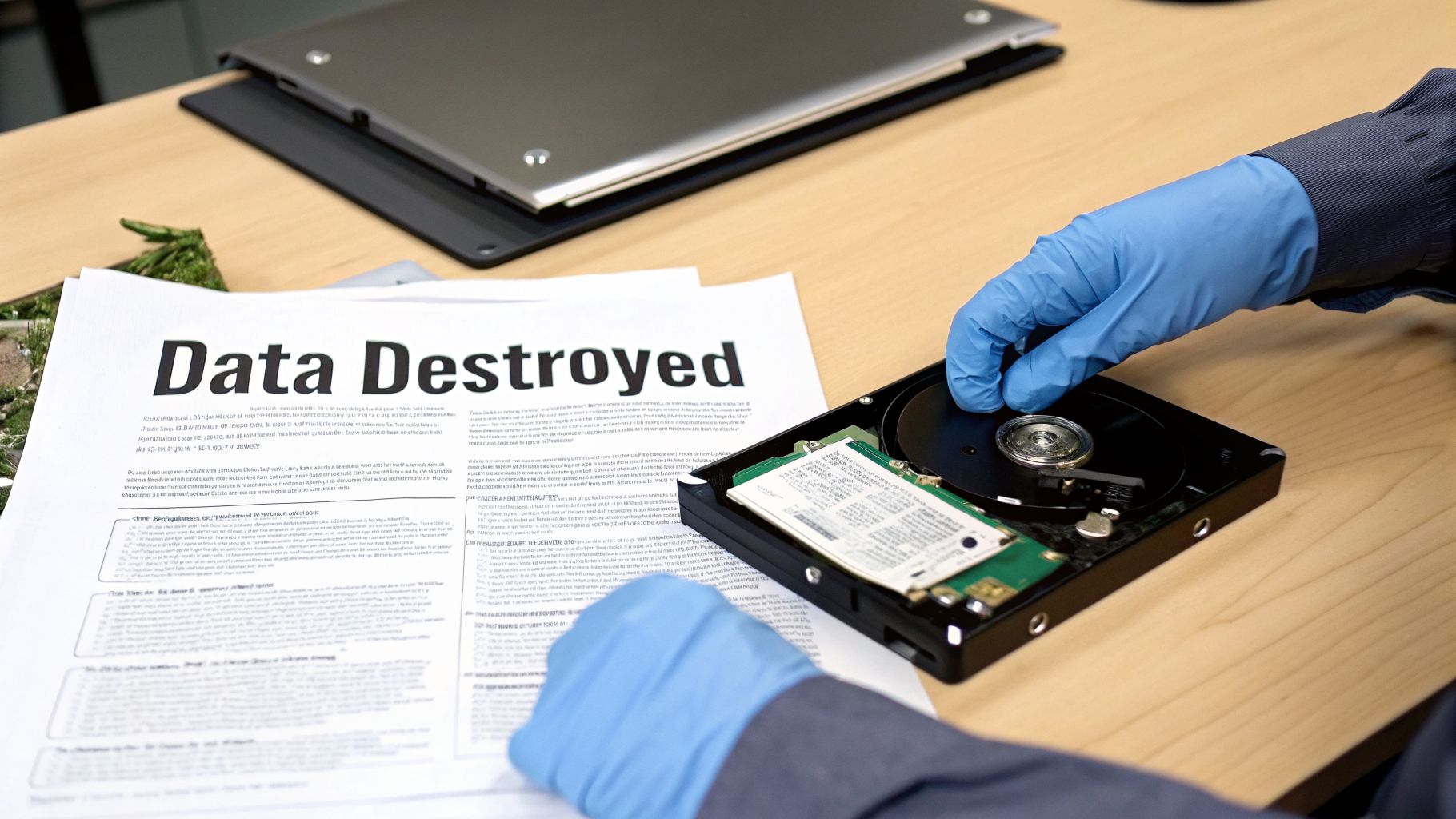 A person in blue gloves dismantles a hard drive next to a document titled 'Data Destroyed'.