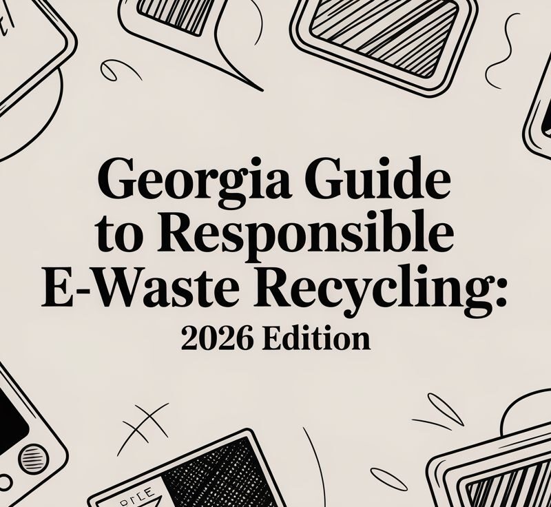 Georgia Guide to Responsible E-Waste Recycling: 2026 Edition, featuring electronic devices and recycling symbols, emphasizing eco-friendly disposal practices.