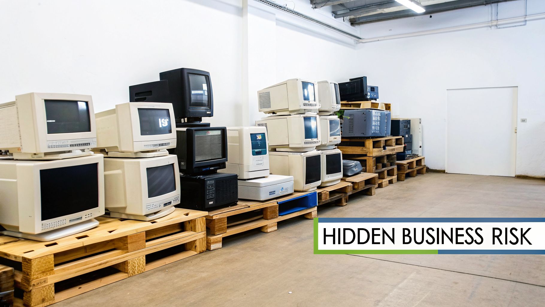 Piles of vintage computer monitors and other electronic waste stacked on wooden pallets in a storage facility.