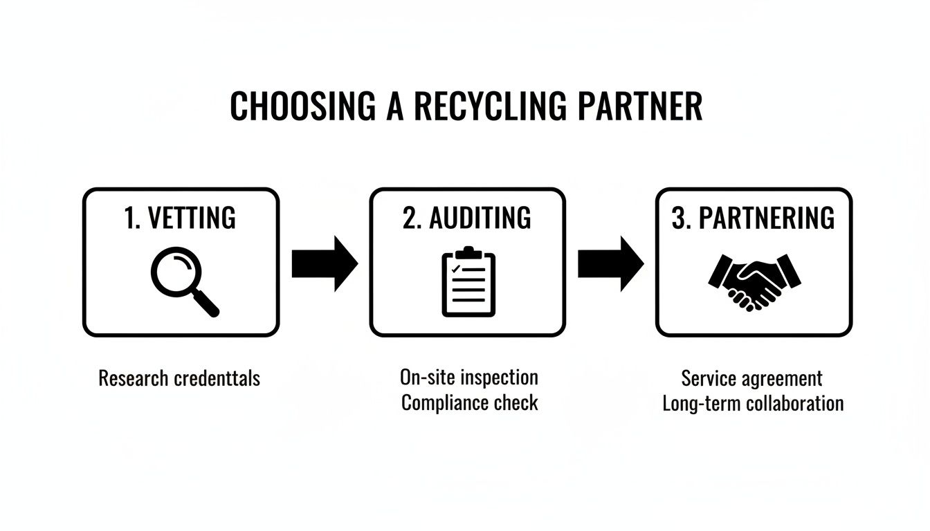 Infographic detailing three steps for choosing a recycling partner: vetting, auditing, and partnering.