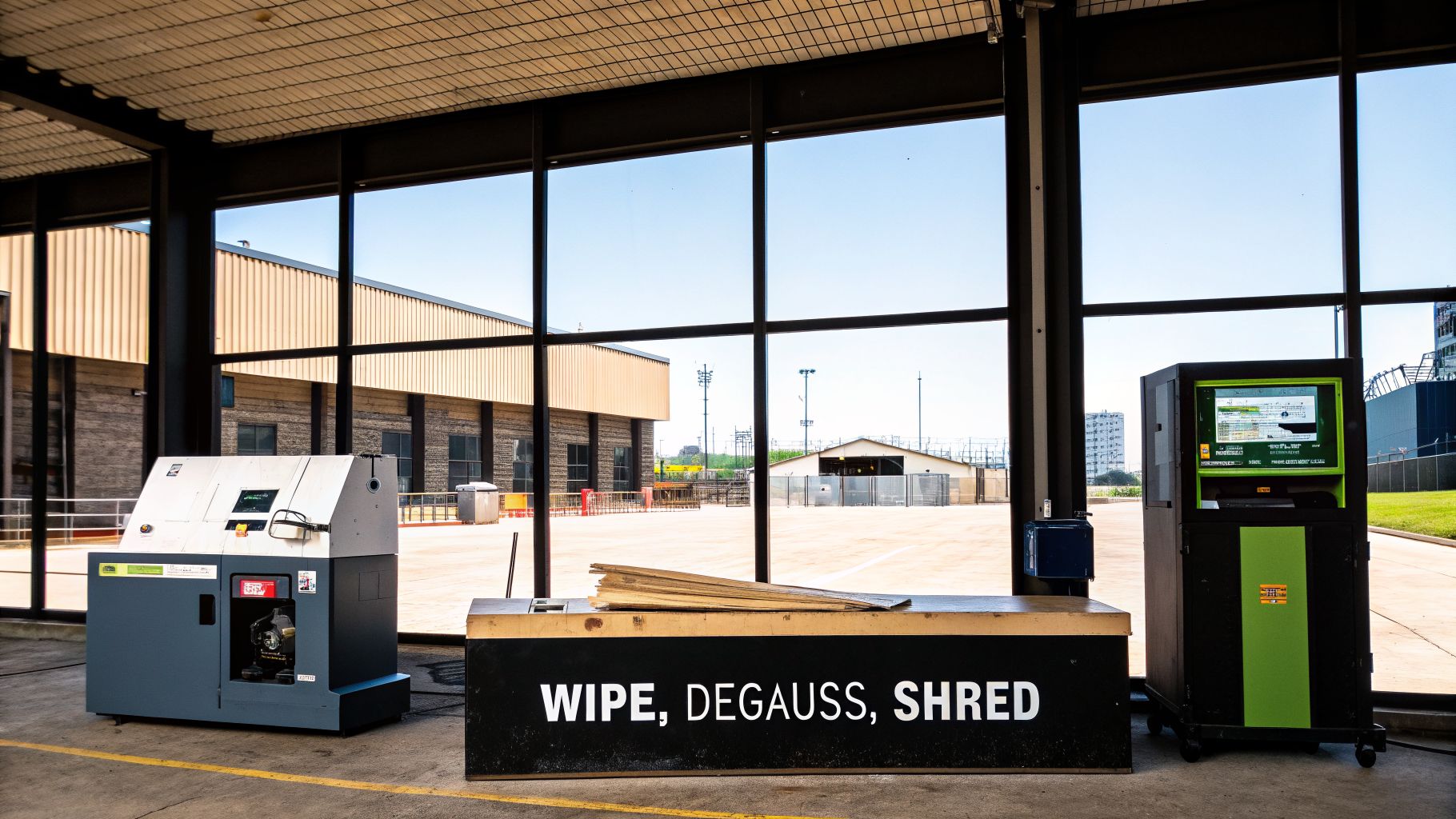 Equipment for secure data destruction, including a shredder and display unit, in an indoor setting with large windows.
