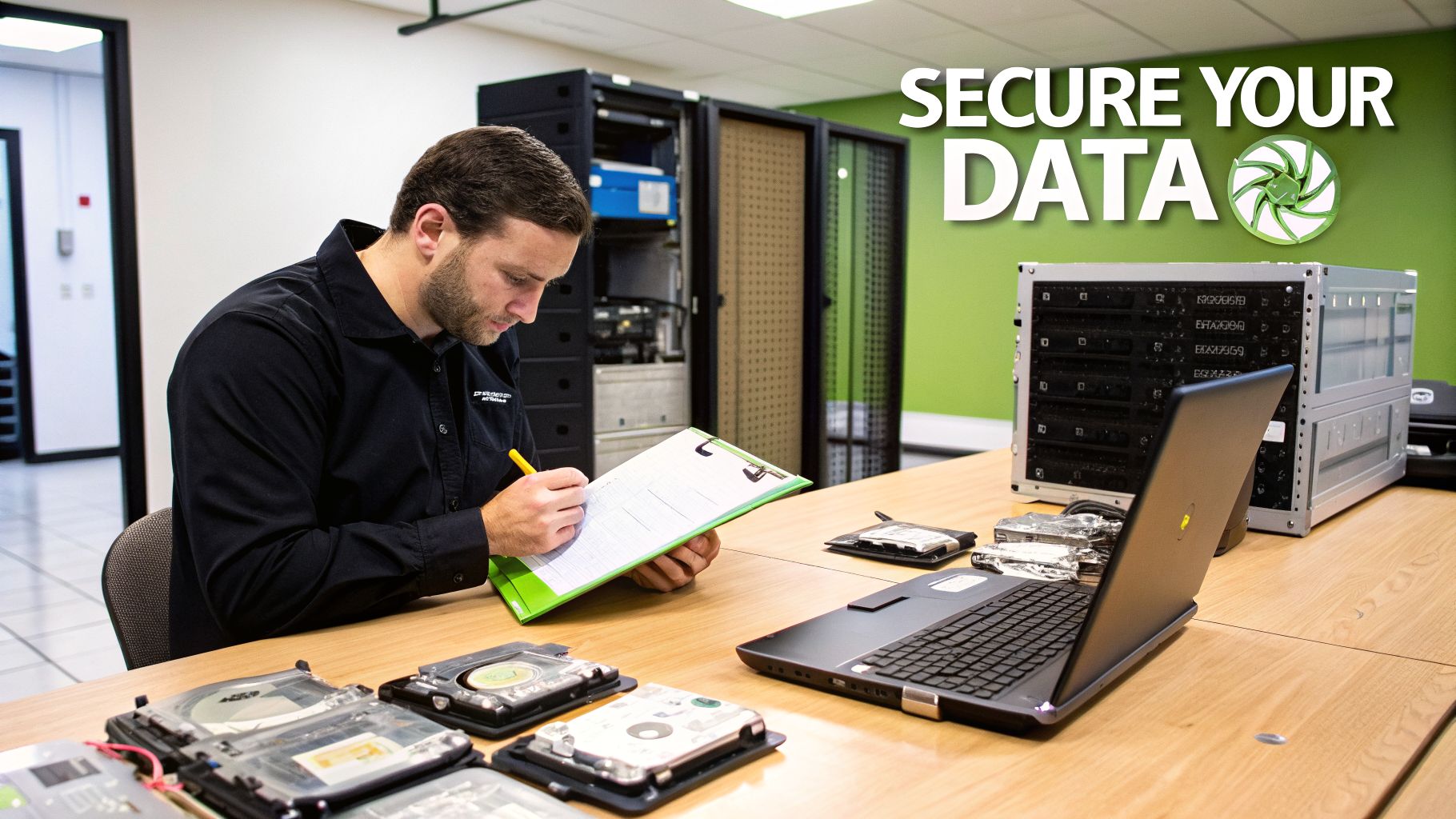 A technician is checking data destruction records, surrounded by server equipment and hard drives.