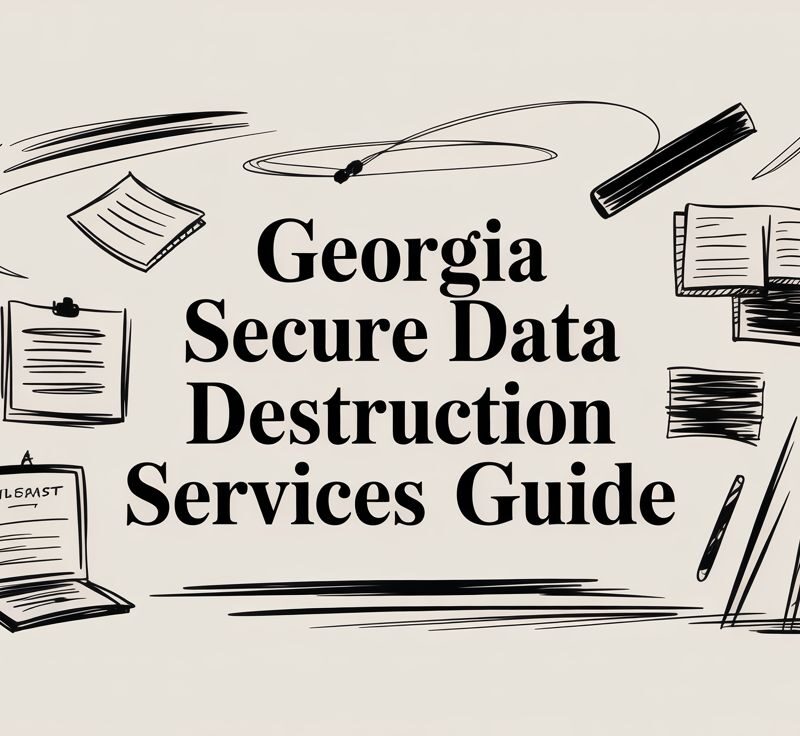 Georgia Secure Data Destruction Services Guide with illustrated documents and writing tools, emphasizing e-waste recycling and data security.