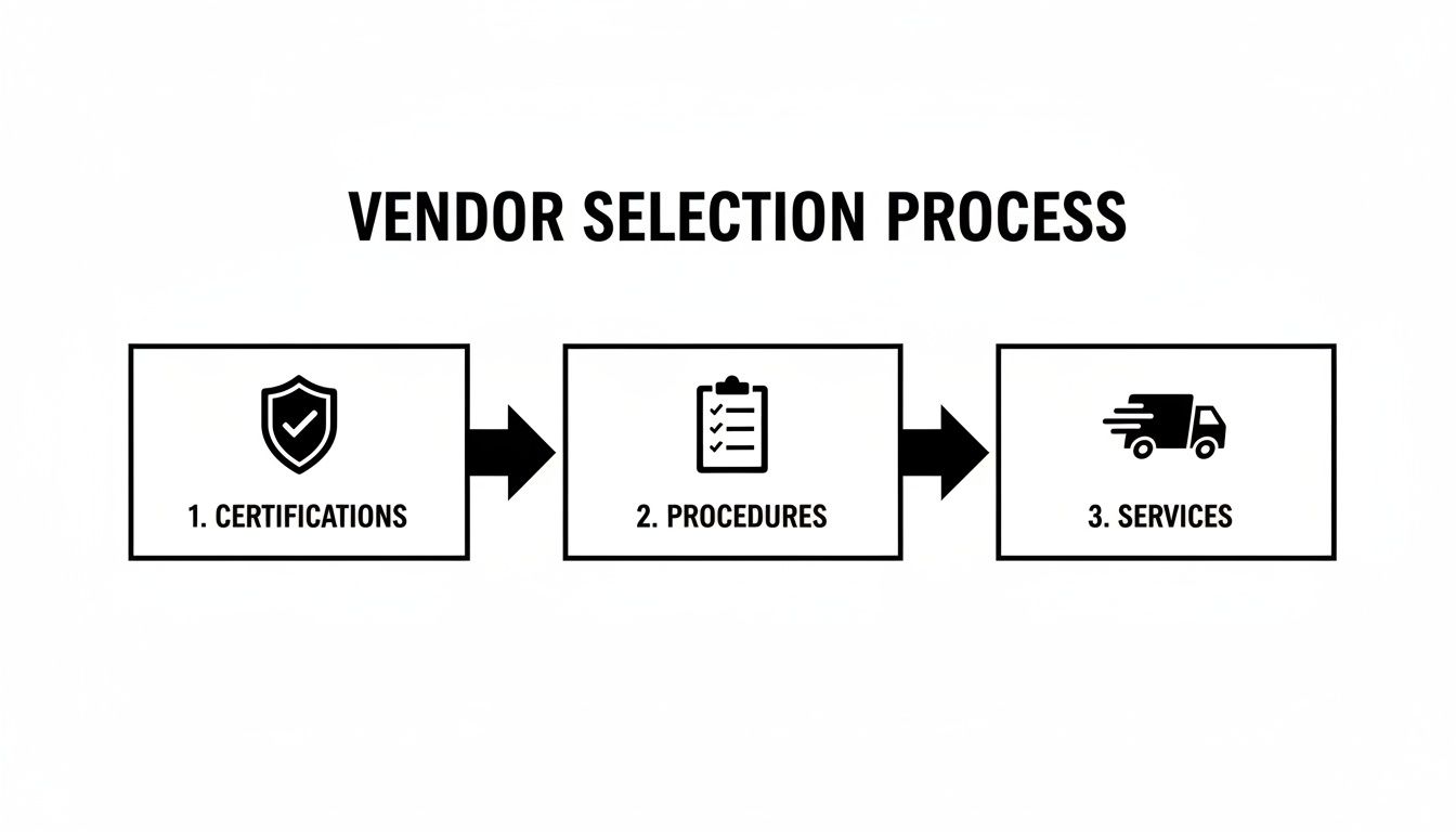Diagram illustrating the vendor selection process steps: certifications, procedures, and services.