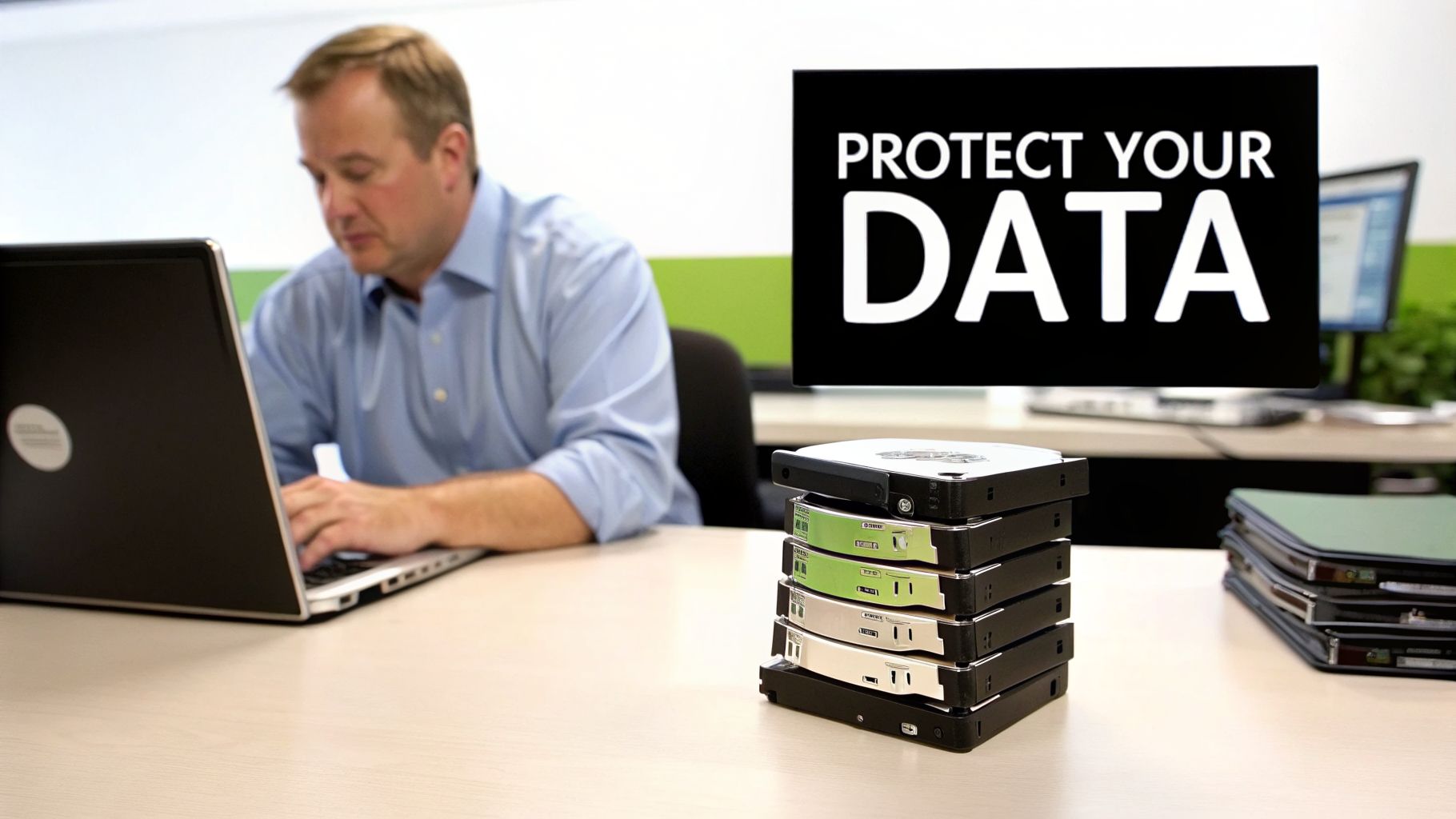 Office worker at a laptop, with a stack of data drives and a 'PROTECT YOUR DATA' display.
