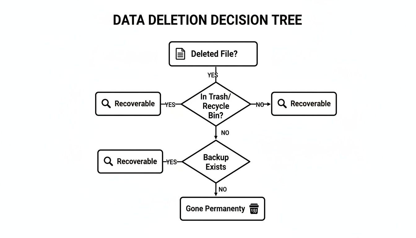 A data deletion decision tree flowchart illustrating steps to determine if a file is recoverable.