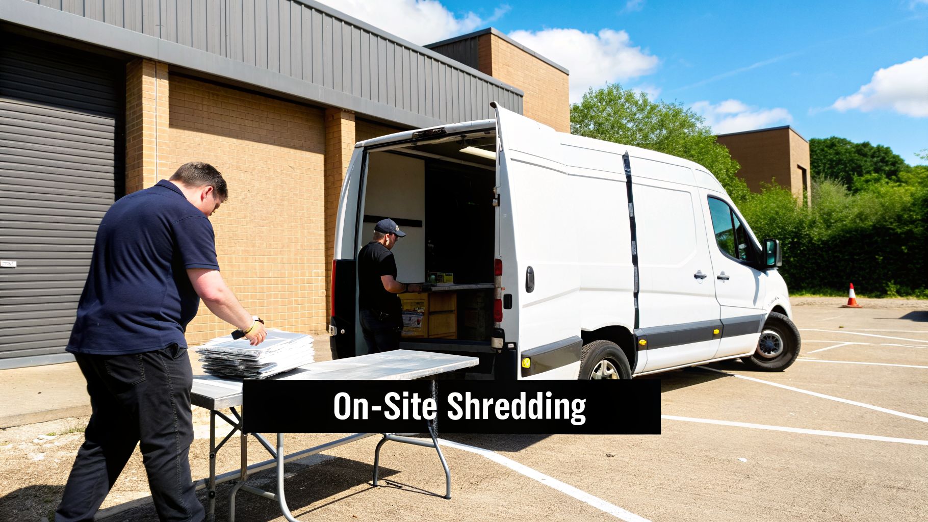 Two men conducting on-site document shredding services with a mobile shredding truck in a parking lot.