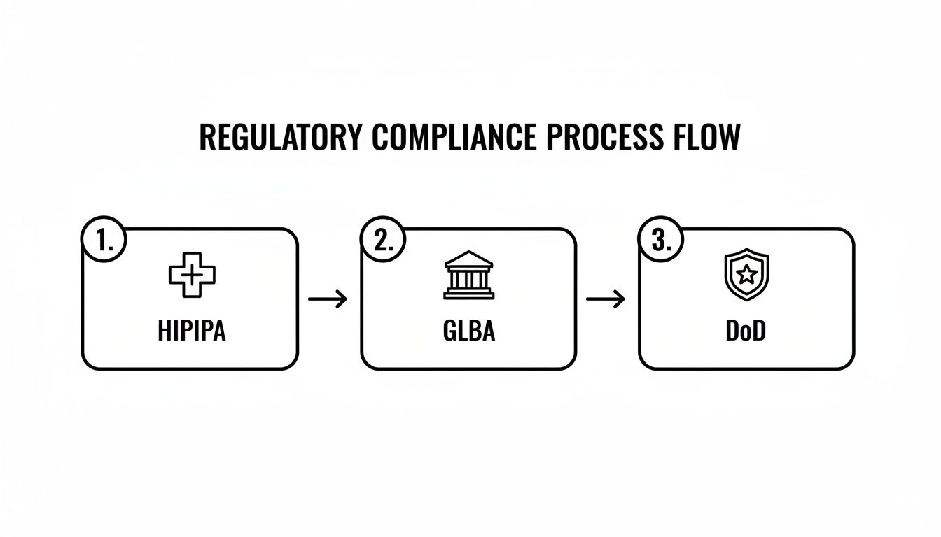 A regulatory compliance process flow diagram showing HIPIPA, GLBA, and DoD steps.