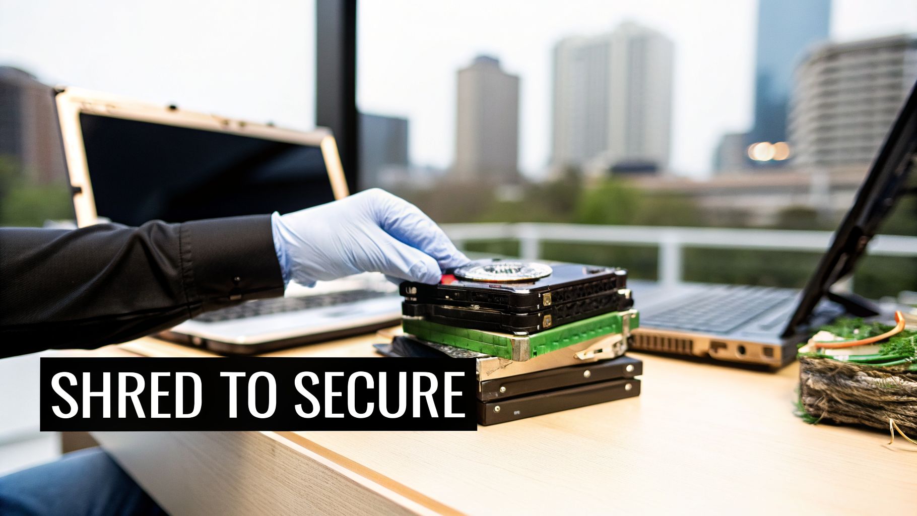 A person in a blue glove handles stacked hard drives on a desk, with a laptop and city view. Text: 'SHRED TO SECURE'.