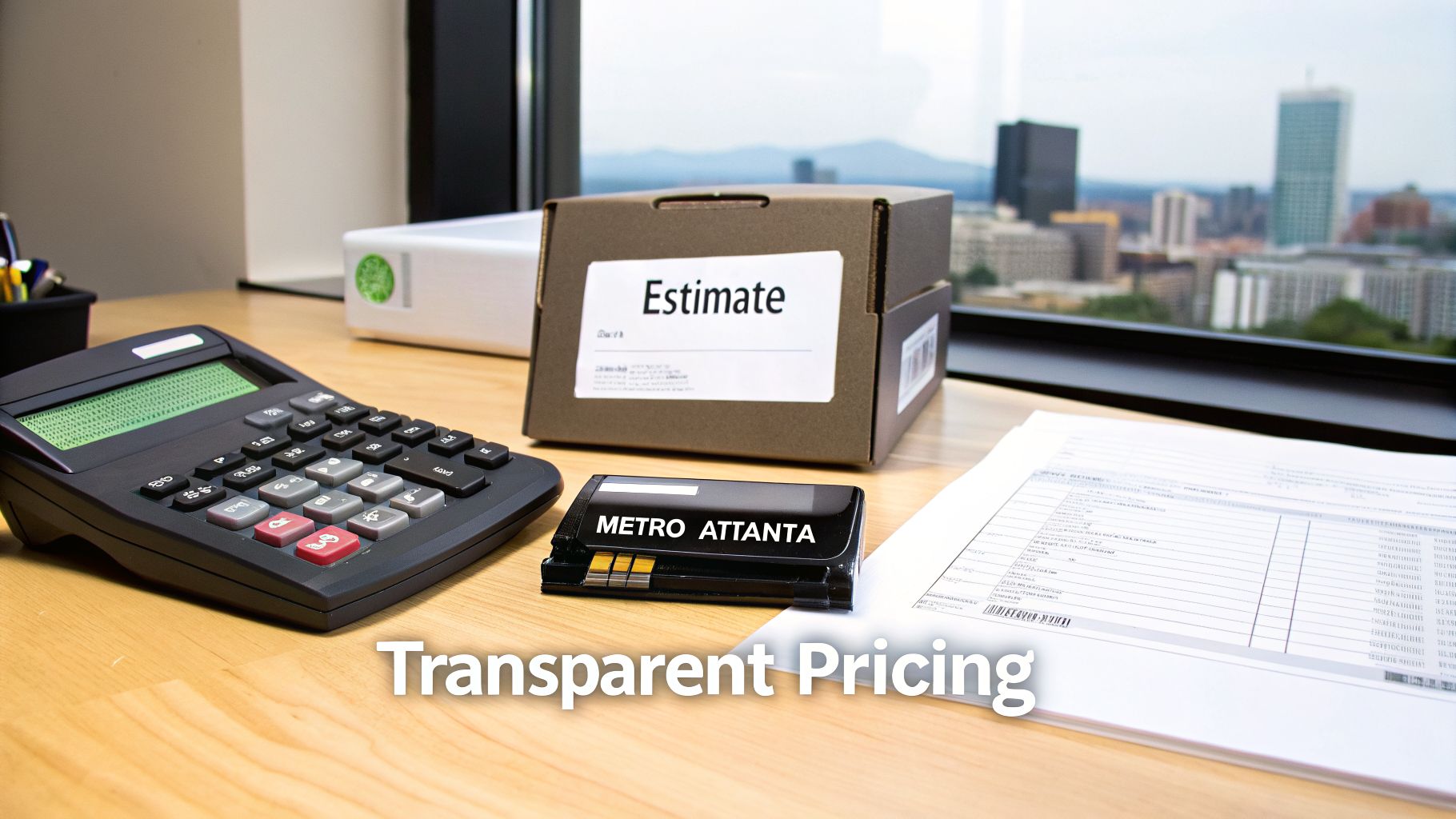 A calculator, estimate box, Metro Attanta device, and papers on a desk with a city view, representing transparent pricing.
