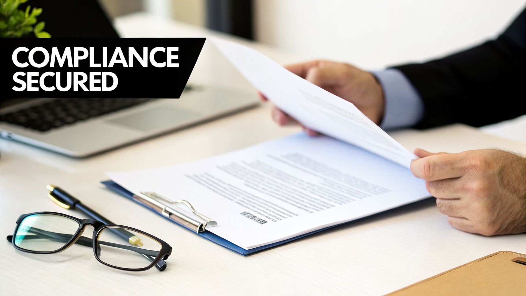 A person's hands review compliance documents on a desk with a laptop, glasses, and pen.