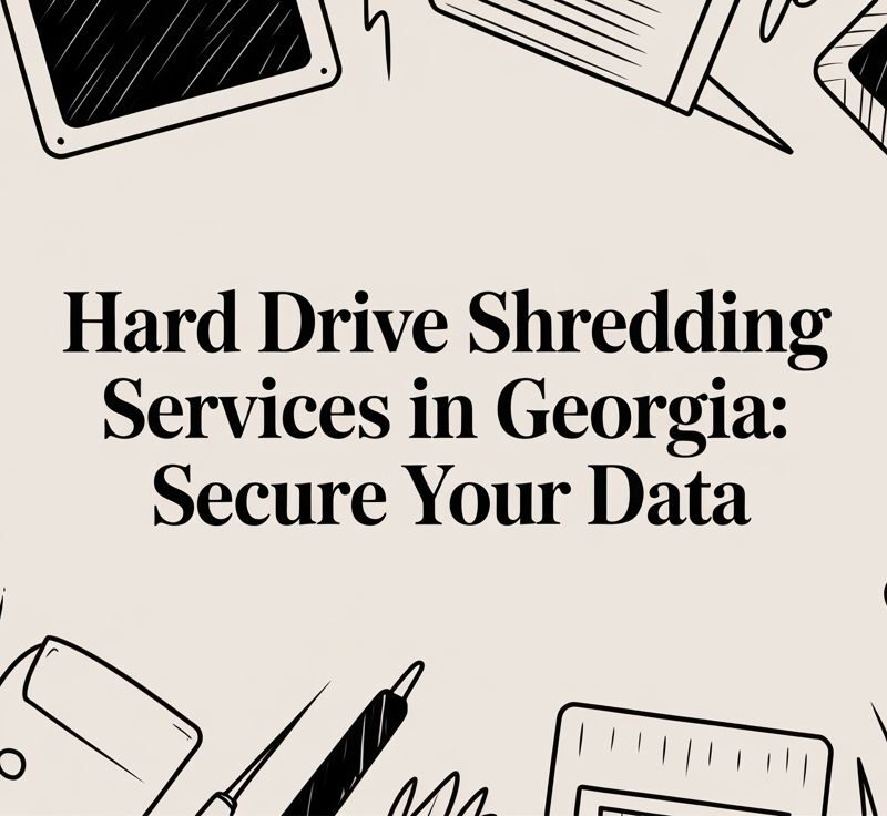 Hard drive shredding services in Georgia with emphasis on secure data protection, featuring various electronic devices and tools.