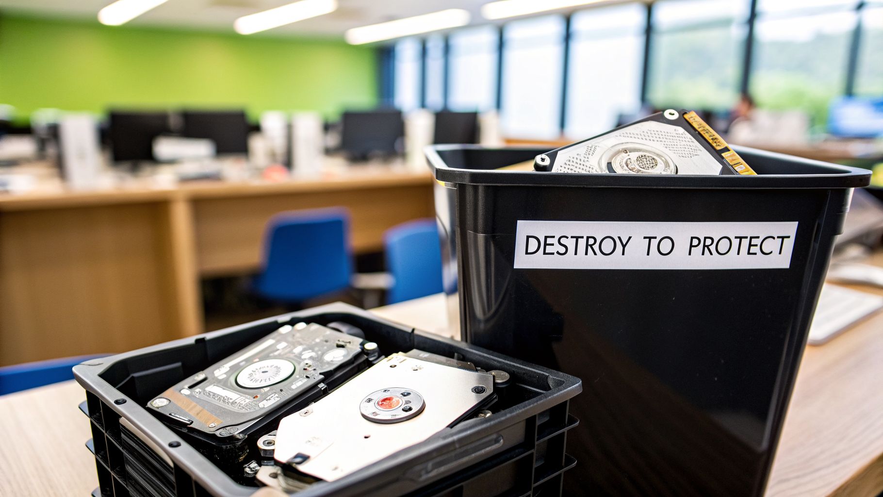 Open hard drives in black bins on a desk, with a 'DESTROY TO PROTECT' label, in an office.