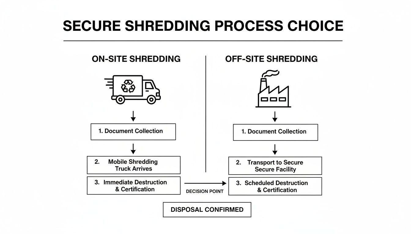 Flowchart comparing on-site and off-site secure document shredding processes, detailing steps and outcomes.