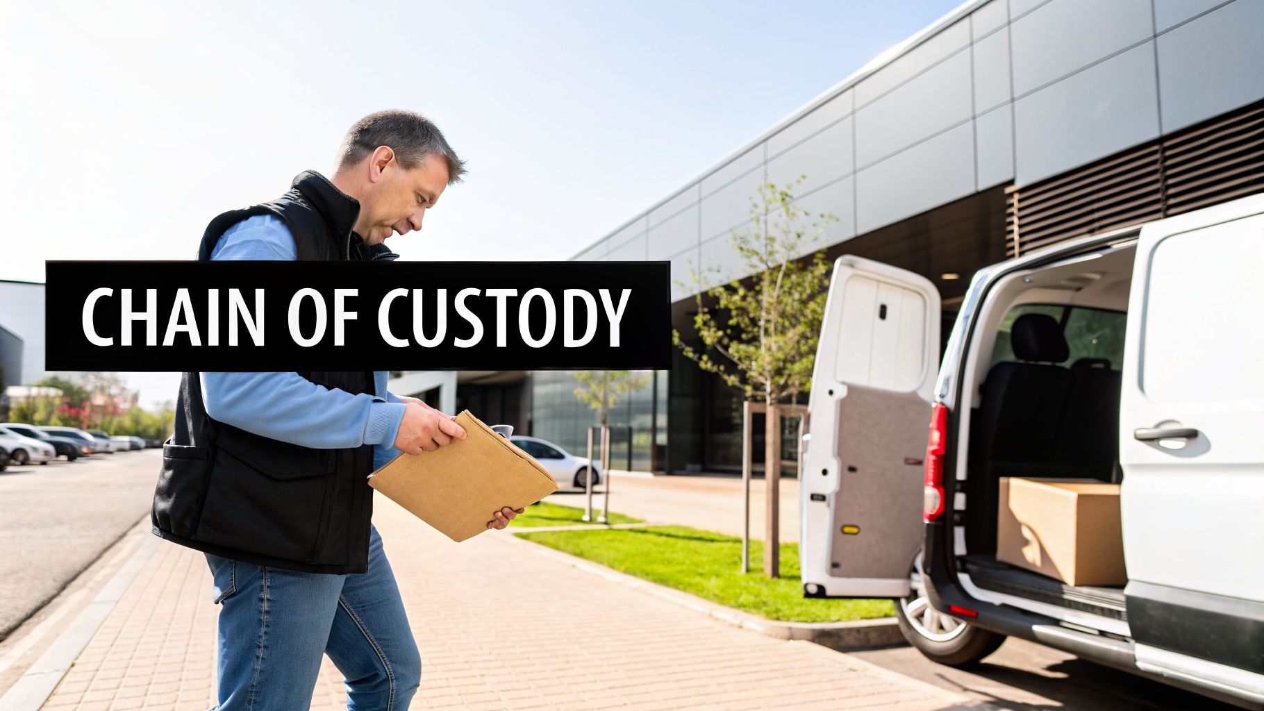 A delivery man holds an envelope next to a white van, illustrating the "CHAIN OF CUSTODY" process.