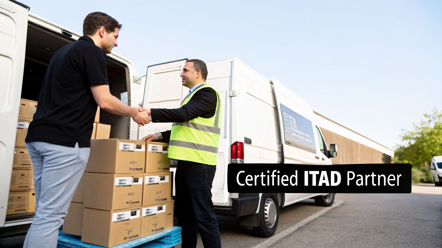 Two men shaking hands by a white delivery van with boxes, representing a certified ITAD partner.