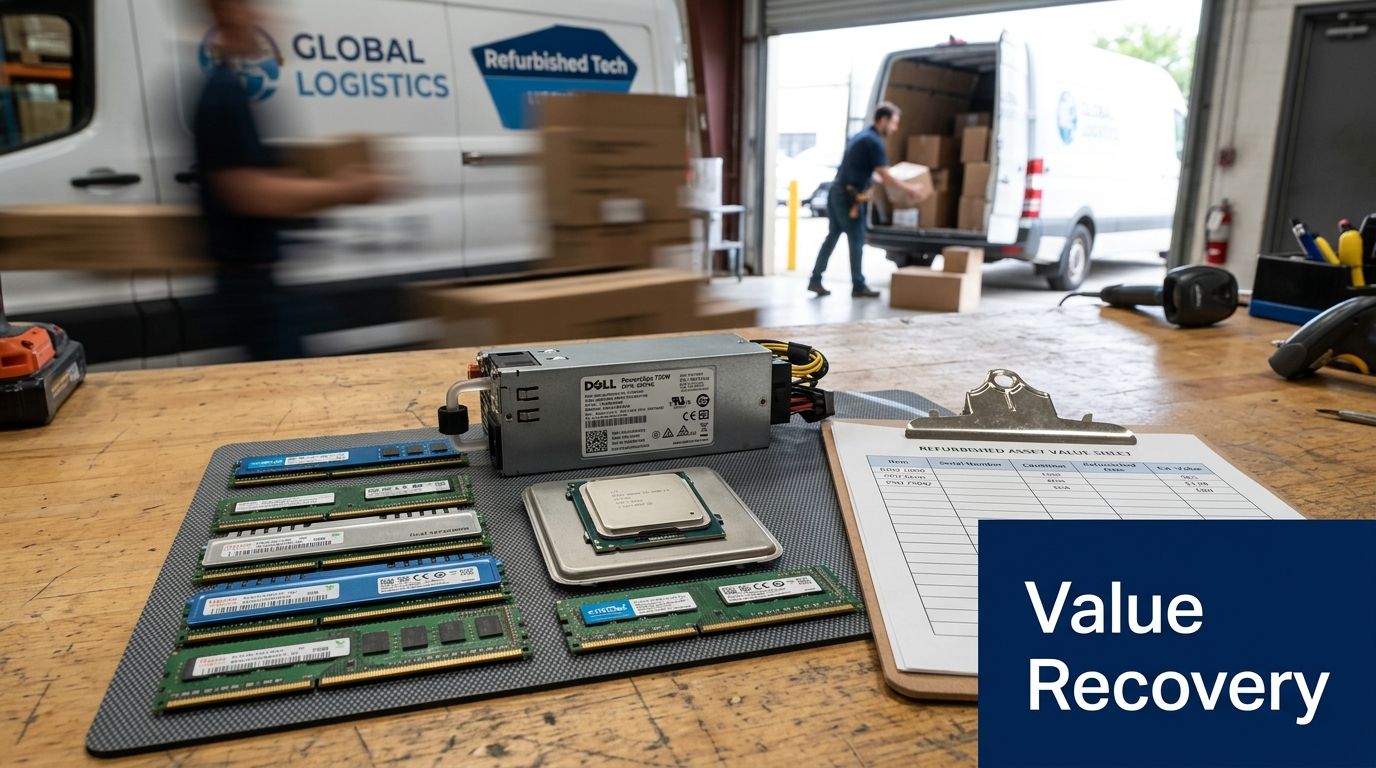 Computer components like RAM and CPU on a table with a value sheet, workers loading refurbished tech into a logistics van.