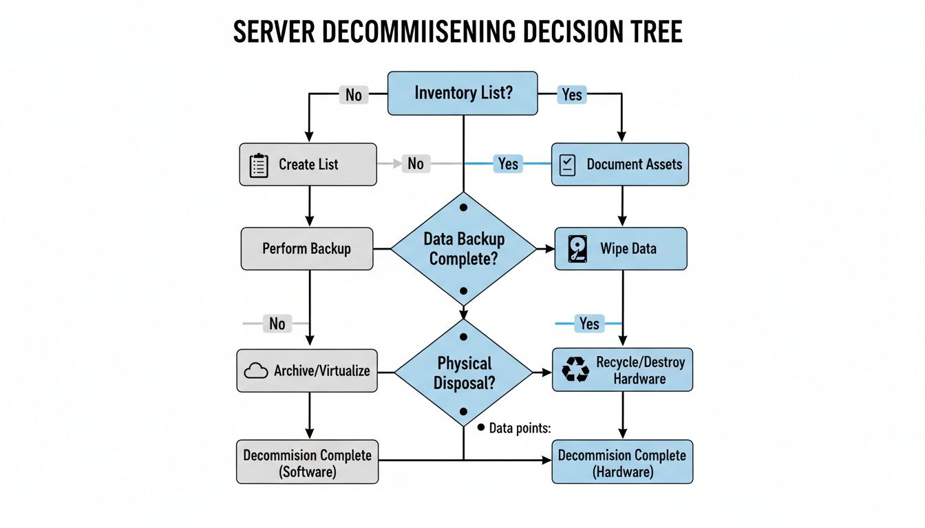 A flowchart illustrating the server decommissioning process, detailing steps from inventory to physical disposal or archival.