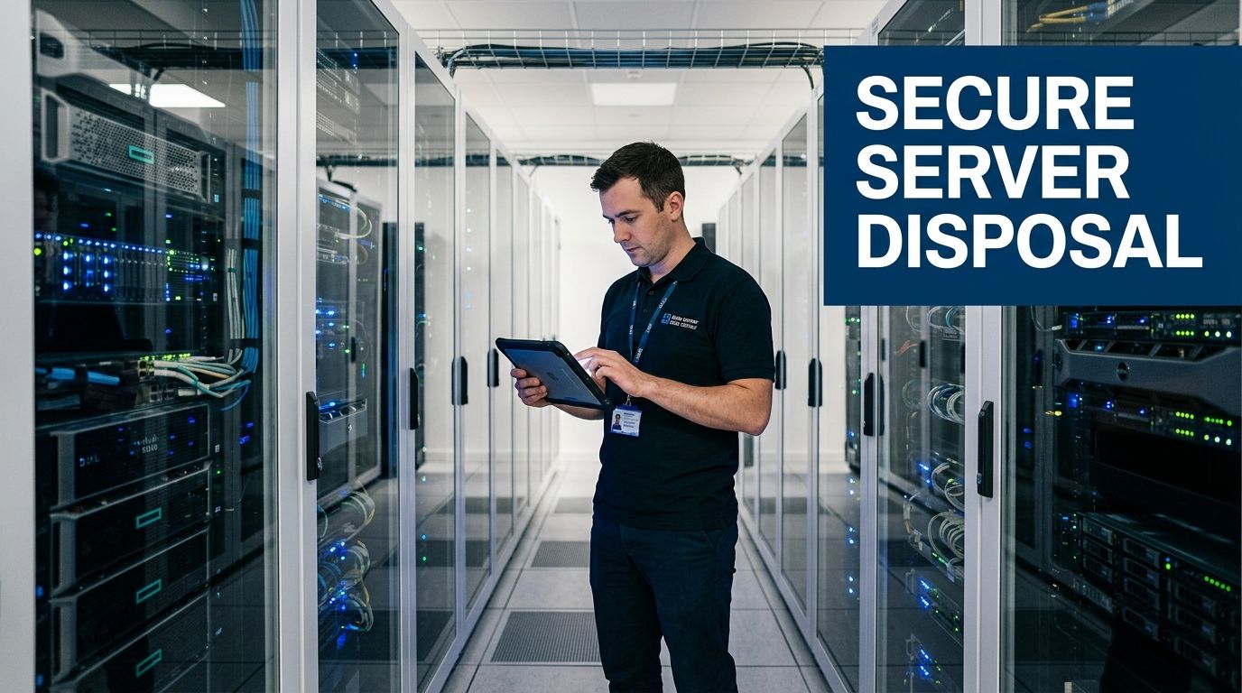 A technician manages server racks with a tablet in a secure data center for server disposal.