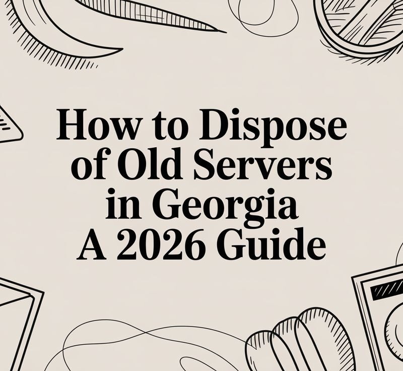 How to dispose of old servers in Georgia, 2026 guide illustration with decorative elements related to electronics recycling and secure data destruction.
