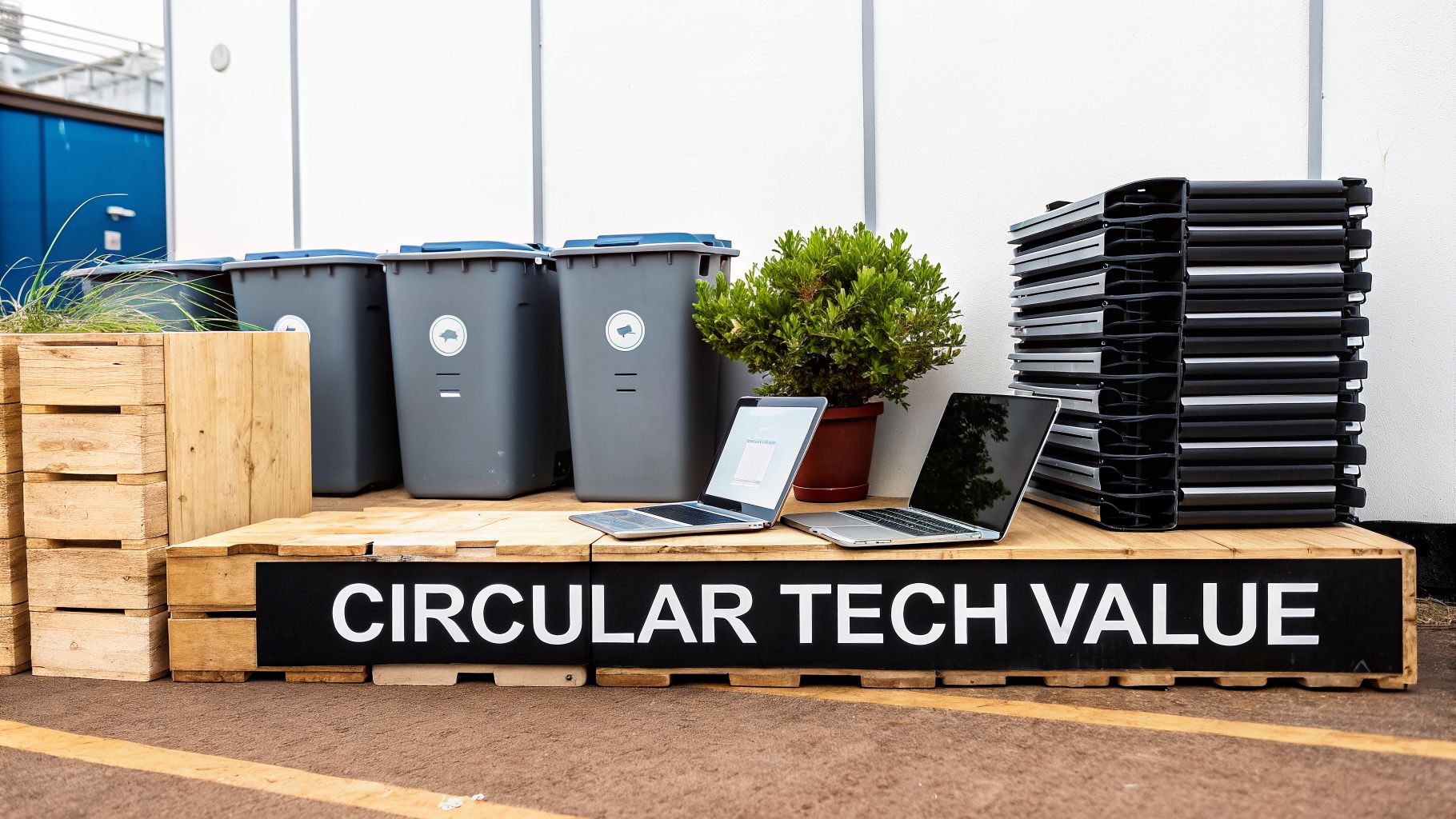 A display showcasing circular tech value with recycling bins, laptops, and stacked electronic devices on wooden pallets.