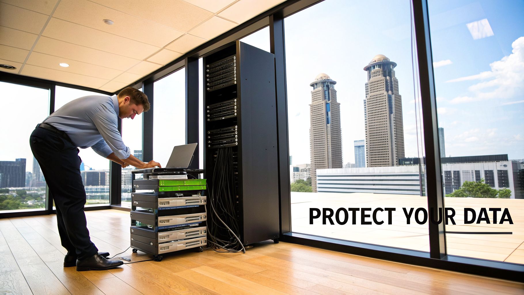 Man working with IT servers and equipment in an office overlooking a city, emphasizing data protection.
