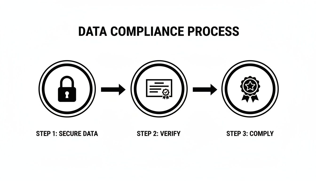 Three steps of data compliance process: secure data, verify, and comply with padlock, document, and award icons.