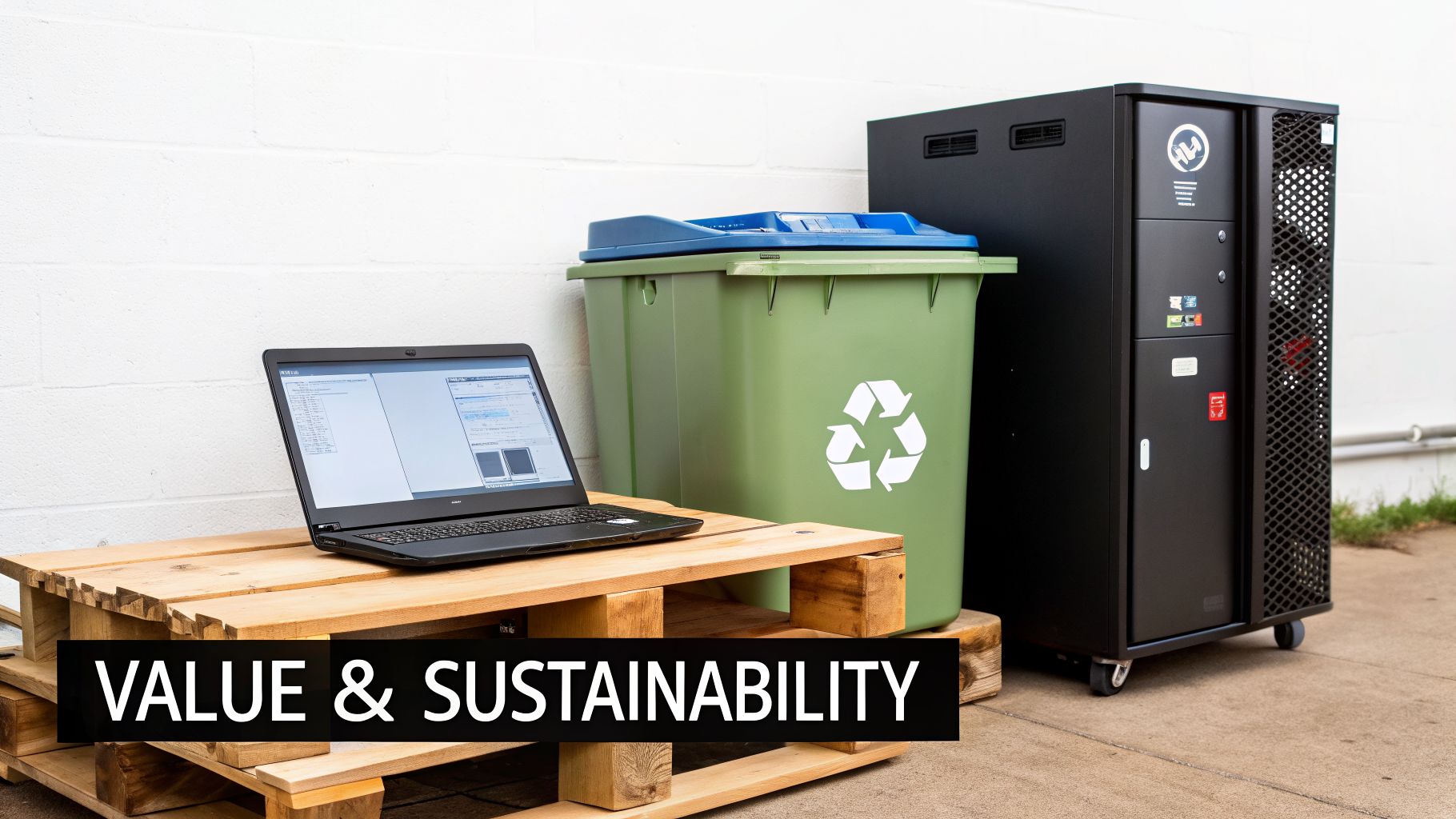 Laptop on wooden pallets next to a green recycling bin and a black server rack, symbolizing sustainable IT asset disposition.