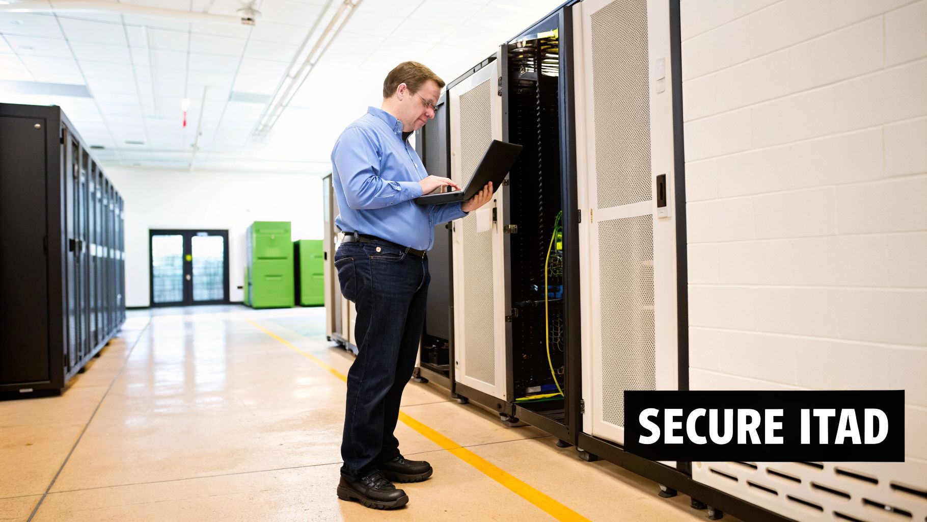Man with laptop inspecting server racks in a data center for secure IT asset disposition.