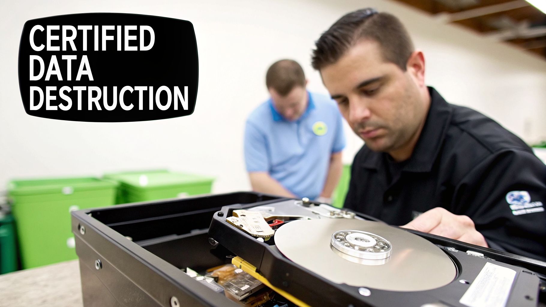 Two technicians perform certified data destruction on a hard drive, with green bins in the background.