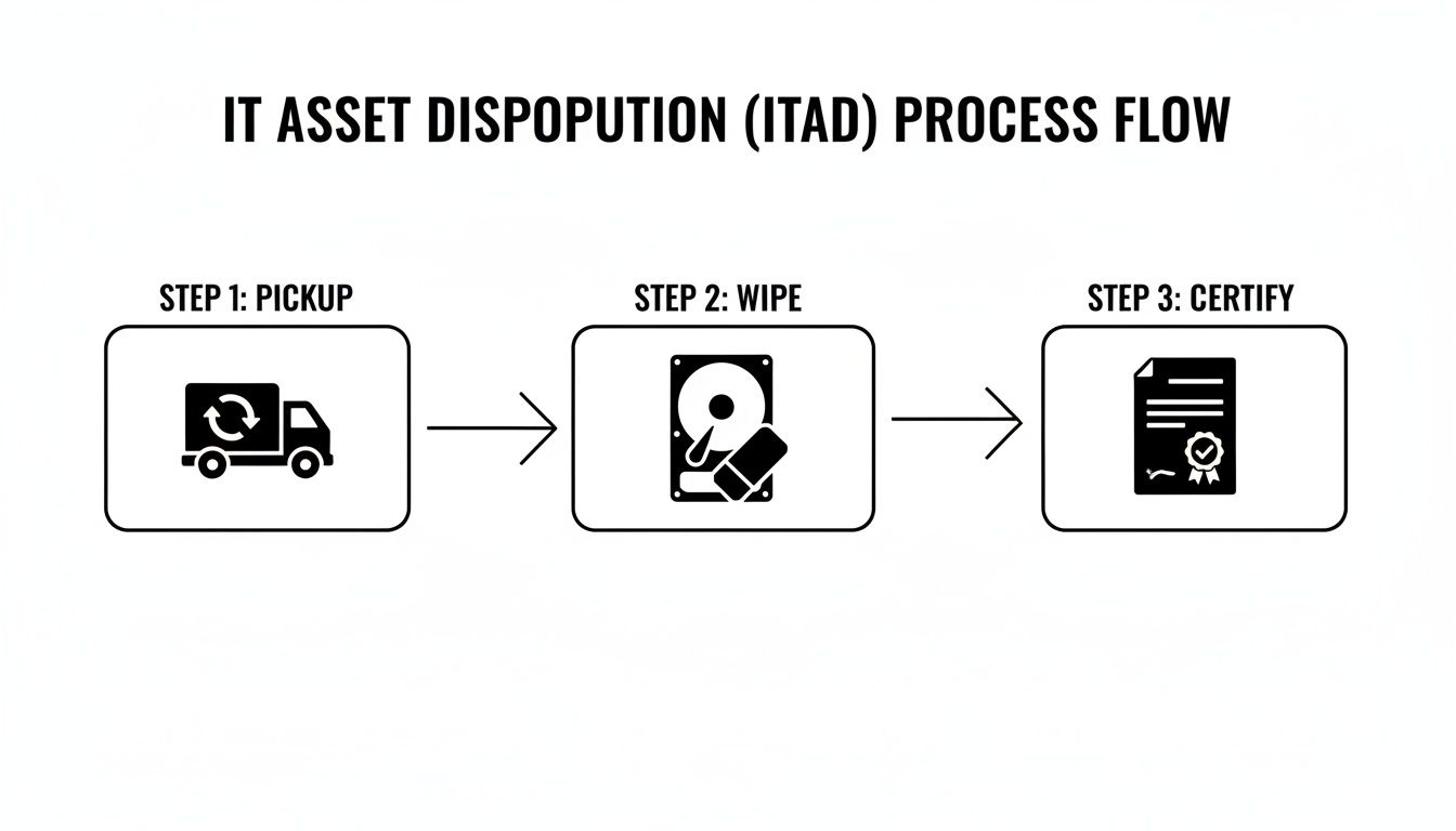 Flowchart illustrating the IT Asset Disposition (ITAD) process: pickup, data wiping, and certification steps.