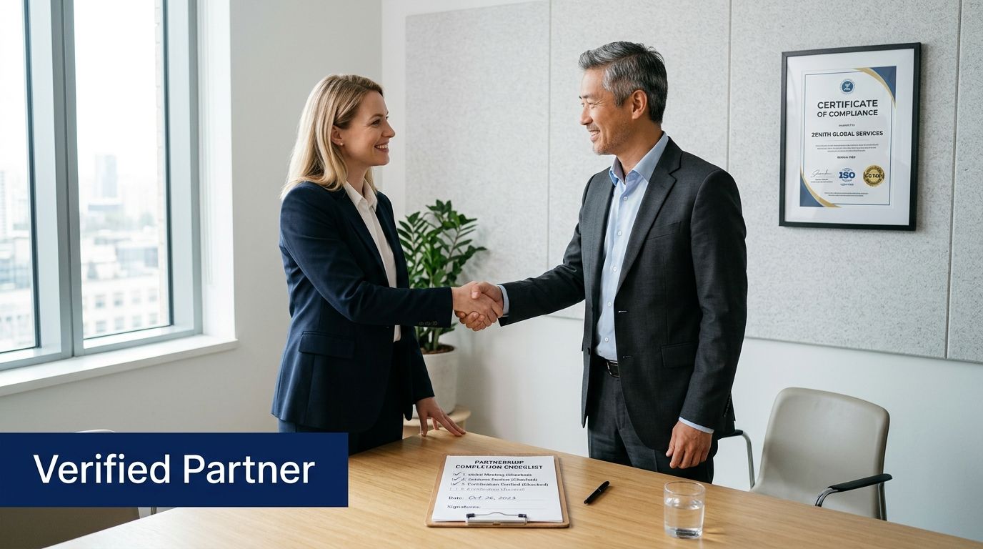 Two smiling business professionals, a man and a woman, shaking hands in a modern office, signifying a successful partnership.