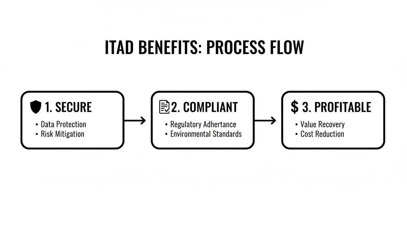 ITAD benefits process flow diagram illustrates secure, compliant, and profitable stages.