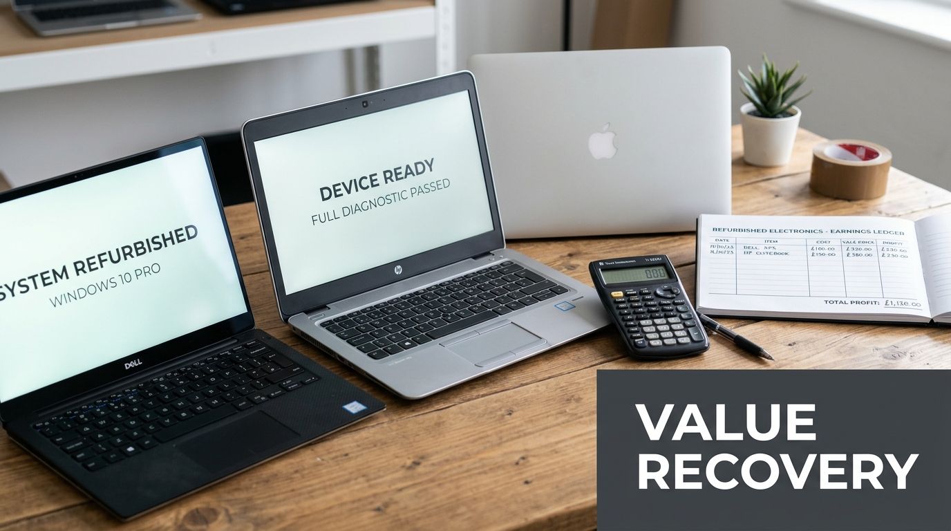 Three refurbished laptops, a calculator, and a ledger tracking profits from electronics sales on a wooden desk.