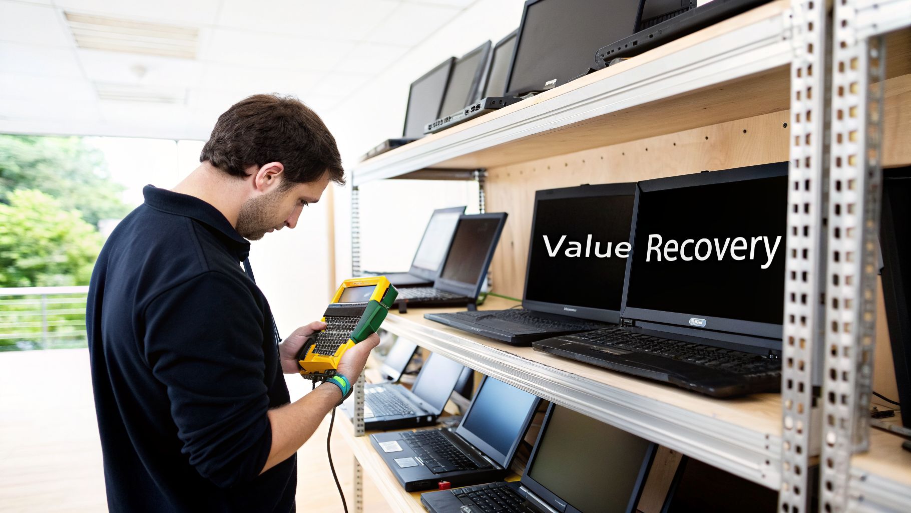 A man inspects electronics with a handheld device near shelves filled with laptops and monitors, displaying "Value Recovery".