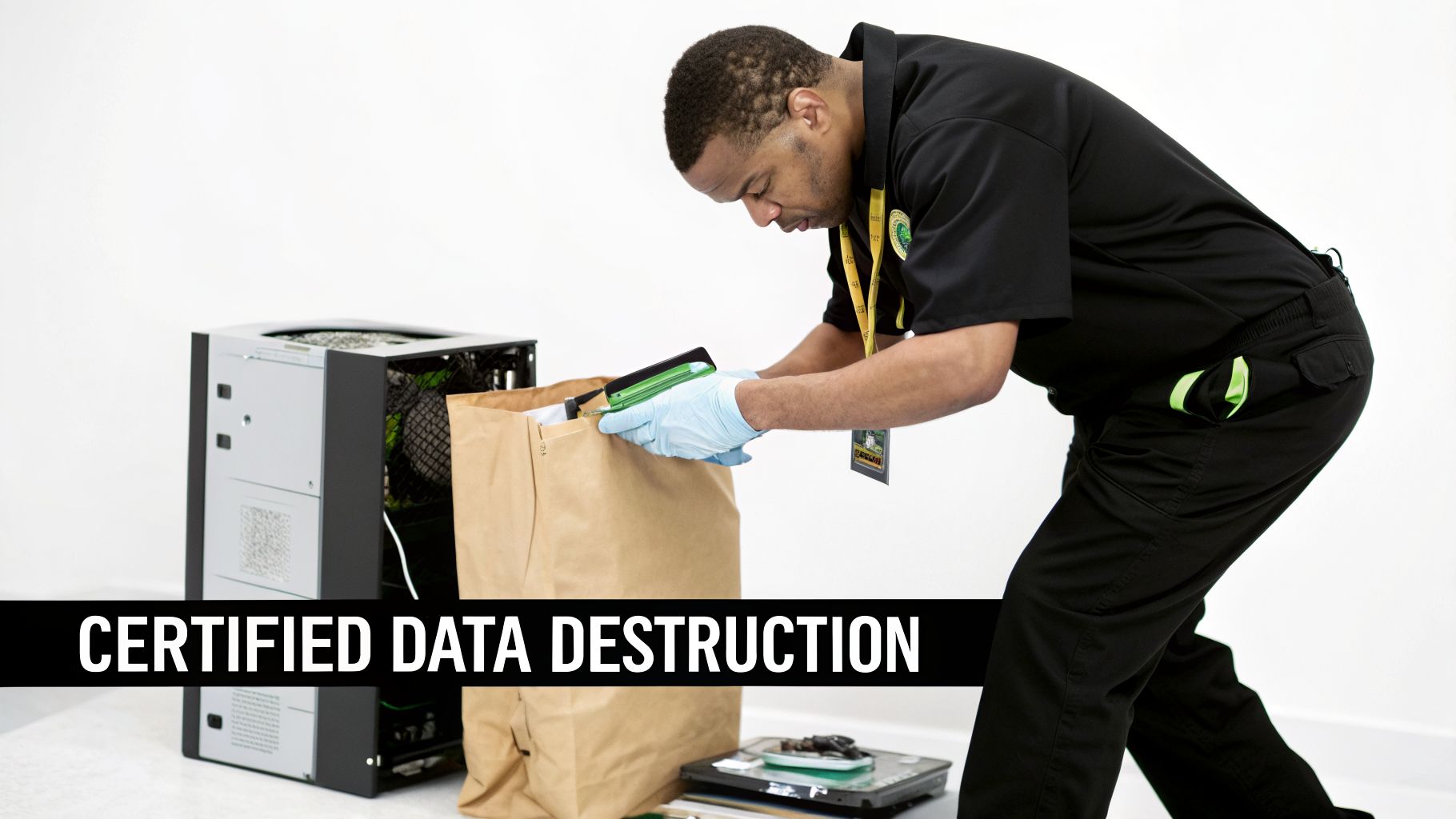 A technician wearing gloves seals a brown paper bag containing hard drives for certified data destruction.